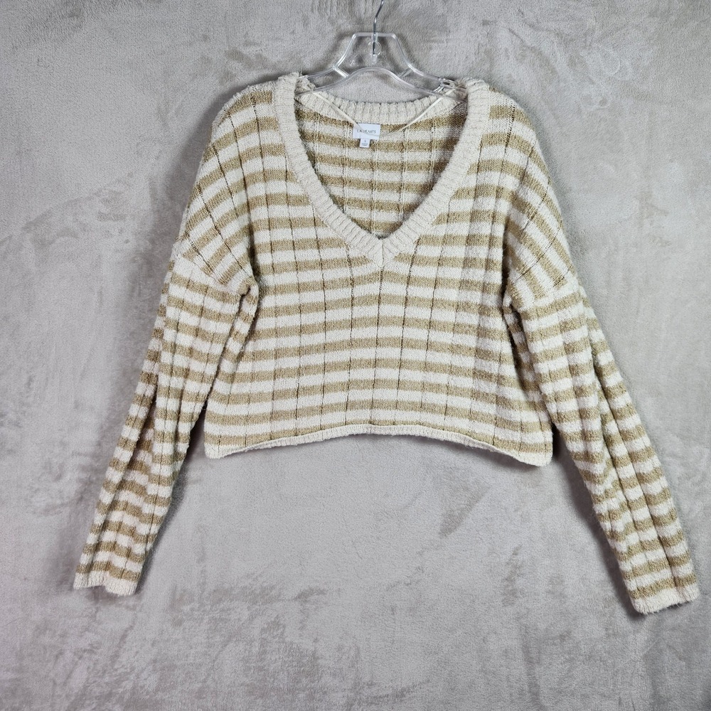 LA Hearts Striped Sweater Womens Small Beige V-Neck Cropped Knit Preppy Boho Y2K